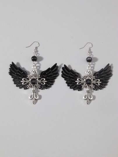 Grunge Punk 2pcs/Set Gothic Retro Creative Dark Wings Cross Black Beads Earrings For Women