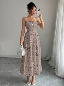 Elenzga 春夏季女士最新花卉印花优雅腰部褶皱长裙 - 棕色 - 查看 6