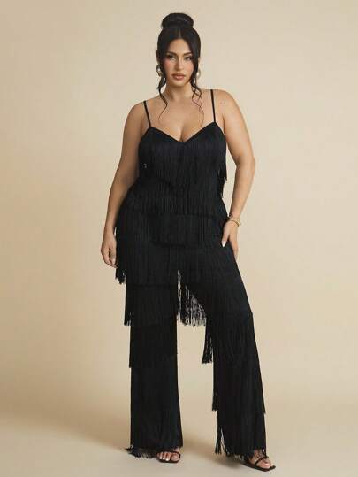 SHEIN BAE Completo estivo da donna taglie forti, top corto con patchwork a tinta unita e frange, top a spaghe etti e pantaloni a zampa con frange, adatto per feste e Ognissanti