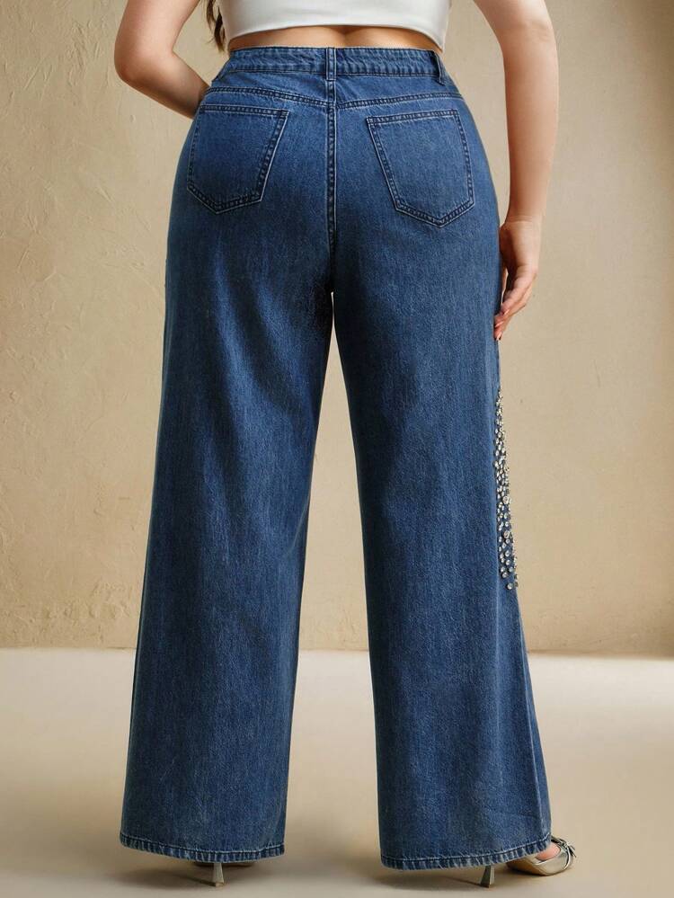 Plus Size Vintage Rhinestone & Beaded Embellished Straight Leg Jeans For Women, Casual & Elegant