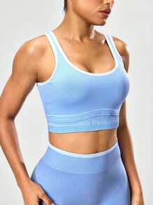 SHEIN Sports Women's Ribbed Trim Everyday Fitness Sports Bra - Blue - View 4