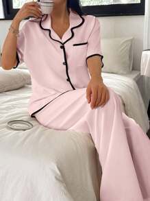 SHEIN Contrast Trim Lapel Casual Loose Short Sleeve Pajama Set Pink Pajamas  Cozy And Elegant Details