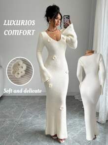 SHEIN Tall 女式深V领喇叭袖3D花卉针织连衣裙，复古斯德哥尔摩风格，优雅百搭，适合音乐会、节日、教师节 - 杏色 - 查看 2