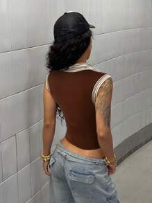 StreetHx Women's Casual Street Style Patchwork Contrast Color Letter Print Shirt - Coffee Brown - View 2