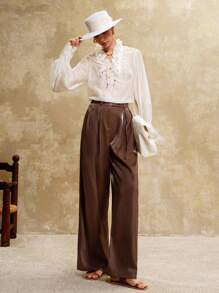 Arave Pantalones casuales plisados de diseño de cuero sintético estilo francés holgado para ir al trabajo, vuelta al colegio, otoño, primavera - Café integral - Ver 7