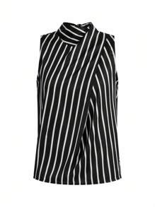 BizChic Women's Asymmetric Collar Tie Strap Romantic Elegant Casual Business Commute Blouse, Striped Pattern, Suitable For Daily Wear, Office Outfit, Teacher Uniform, Autumn - Black and White - View 1