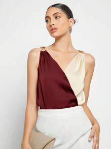 BizChic Women's Colorblock Patchwork Metal Decor Casual Blouse, Simple Urban Commuting Basic Style, Minimalist Fashion Elegant Business Casual For Women, Suitable For Teachers, Office, Weddings, Concerts - Burgundy - View 1