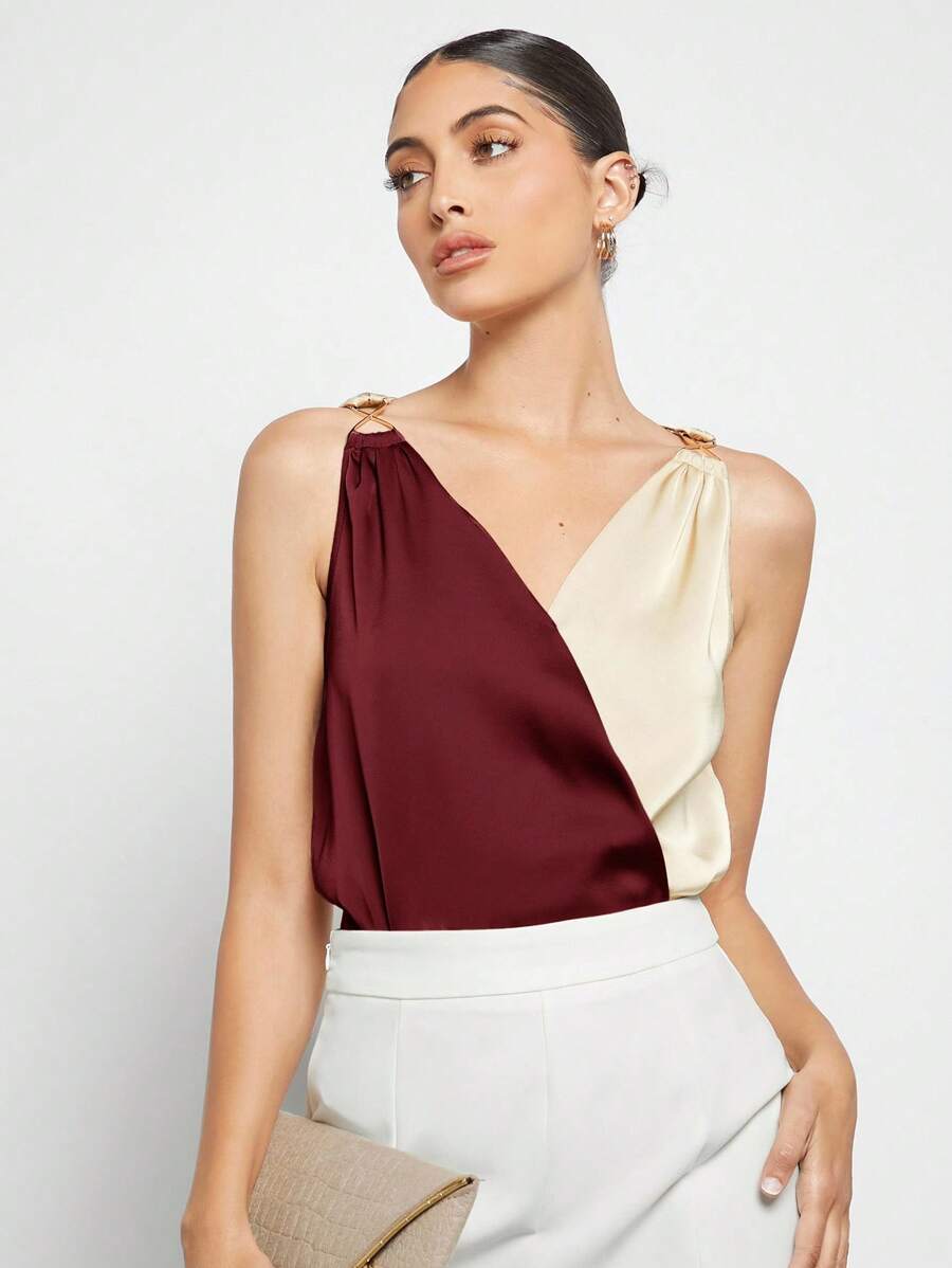 BizChic Women's Colorblock Patchwork Metal Decor Casual Blouse, Simple Urban Commuting Basic Style, Minimalist Fashion Elegant Business Casual For Women, Suitable For Teachers, Office, Weddings, Concerts - Burgundy - View 1