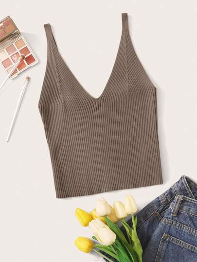 Franclia Women's Solid Color Casual Ribbed Knit Camisole Top Maillard Style Summer Brown Knitted Sweater Clothes For University