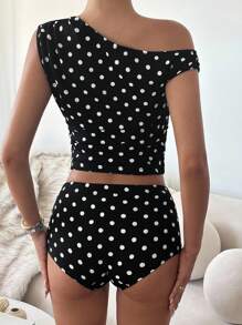 CovetEZ 2 件套黑色波尔卡圆点休闲女式不对称肩部褶饰上衣和短裤 - 黑與白 - 查看 6