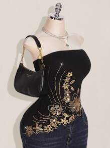 SHEIN ICON Plus Size Y2k Summer Women Going Out Vintage Boho Fashion Vacation Glitter Embroidered Sparkly Sequin Black Asymmetric Hem Embroidered Bandeau Top, Fashion Embroidered Corset Top - Multicolor - View 4