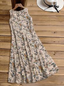 Rusticease Plus Size Women Summer Floral Print Sleeveless Dress, Early Spring,Beach Dress Sundress,Holiday Outfits Boho,Flower/Vacation - Khaki - View 2