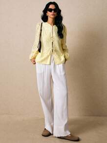 Poéselle 女士刺绣灯笼袖系带时尚衬衫，奶油黄上衣，可爱上衣，波西米亚风，外出上衣，商务休闲女装，度假女装，秋季女装，秋季上衣 - 黃色 - 查看 2