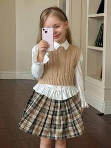 SHEIN Young Girl Ribbed Knit Sweater Vest With Cable Texture, Elegant & Cute, High Quality, Warm & Soft, Versatile For Play, Daily Wear, School, Autumn & Winter,Pairing White Shirt,Back To School Season.College Style, Girls Sweater Vest Cable Knit Sweater Vest Tween Sweater Vest Girls Knitted Vest Kids Sweater Vest Fall