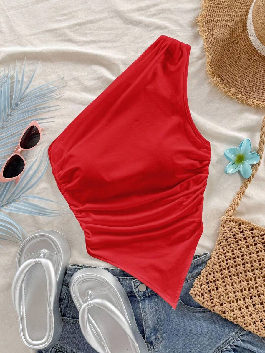Soleia Bright Red Asymmetric Hem Shoulder Strap Blouse, Suitable For Summer Vacation One Shoulder Top Top,Off The - Multicolor - View 1