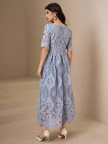 DAZY 优雅蕾丝方领泡泡袖中长连衣裙，适合夏季女士穿着 - 藍色 - 查看 2