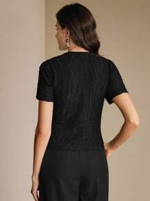 Anewsta 夏季、优雅、度假、节日、海滩、节日、Oldmoney 春季优雅休闲女士针织纹理抗皱百搭杏色短袖 T 恤 - 黑色 - 查看 3