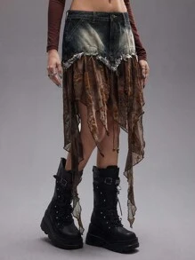 ROMWE Grunge Punk Váy denim mini dây rút họa tiết hoa Y2K Retro Punk Grunge viền bất đối xứng viền bèo nhún vát cho nữ - Nhiều màu - Xem 5