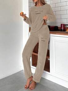 SHEIN Cottnline Women's Eyelashes Embroidery Fuzzy Pajama Set - Brown - View 3