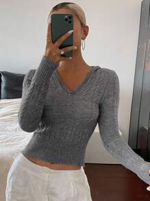 DAZY Áo len chui đầu dệt kim cáp ngắn bó sát có mũ trùm đầu cho nữ, quần áo mùa thu cho nữ, áo crop top cho nữ - Xám - Xem 2