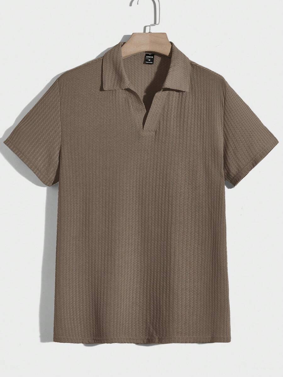 Manfinity Mode Men's Casual Solid Color V-Neck Short Sleeve Polo Shirt, Summer - Khaki - View 1