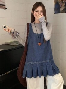 DAZY 女式无袖宽松休闲牛仔百褶下摆衬衫 - 中等水洗藍 - 查看 5