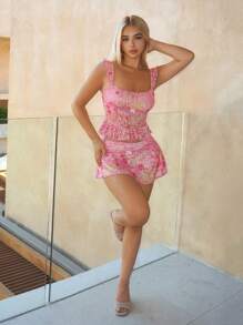 Sweetina Summer Casual Floral Ruffle Strap Top And Mini Skirt Set - Pink - View 3
