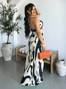 SHEIN SXY Vestido largo con escote en V y sin espalda con pliegues de estampado completo, estilo sexy para vacaciones, verano