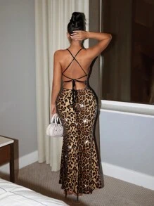 SHEIN SXY Women's Lace Patchwork Leopard Print Beaded Embroidery Sexy Halter Dress, Leopard Print Dress, Animal Print Dress, Sequin Leopard Dress, Leopard Print Maxi Dress, Cheetah Print Dress,Elegant Dresses For Women,Country Concert Outfit.Club Outfits Women Sexy,Prom