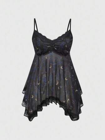 Camiseta sin tirantes con estampado completo de estrella, luna y planta en estilo gótico romántico vintage