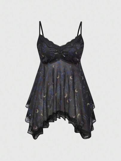 Camiseta sin tirantes con estampado completo de estrella, luna y planta en estilo gótico romántico vintage