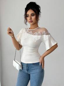 Elenzga Women's Applique Decor Mesh Patchwork Ruffle Sleeve Fashionable Pleated T-Shirt - Apricot - View 4