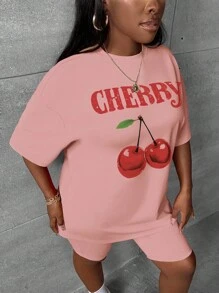 Slaydiva 2pcs/Set Plus Size Women Casual Cherry Print Summer Outfit Suitable For Going Out Back To School - Pink - View 3