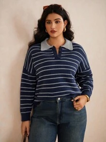 Elaquor Plus Size Women's Drop Shoulder Long Sleeve Striped Blue Polo Sweater In Fall/Winter - Blue - View 3