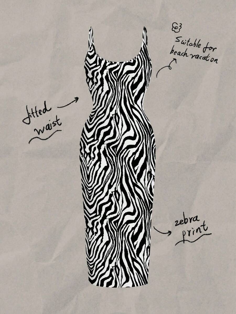 SHEIN EZwear 休閒極簡主義全印花修身細肩帶長洋裝,斑馬紋,適合夏季 - 彩色 - 查看 1