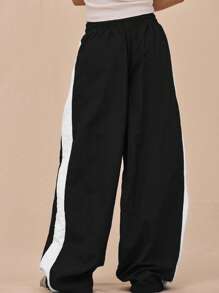 MUSERA Drawstring Waist Nylon Contrast Panel Wide Leg Tracksuit Bottoms Only Airport, Casual - Black - View 4