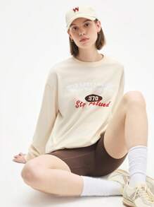 Easify SHEIN Sport Damen Loose Fit Sweatshirt mit Buchstaben-Muster, Rundhalsausschnitt, Langarm