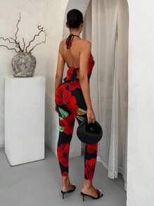 SHEIN SXY 女士优雅花卉印花金属扣吊带上衣和长裤两件套