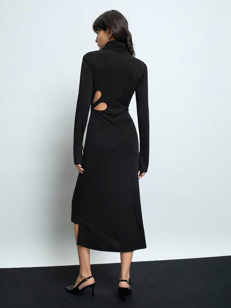 SHEIN Maija Women's Fashionable Versatile Hollow-Out High Neck Long Sleeve Pullover Black Party Knit Hollow Dress Valentines Day,Festival