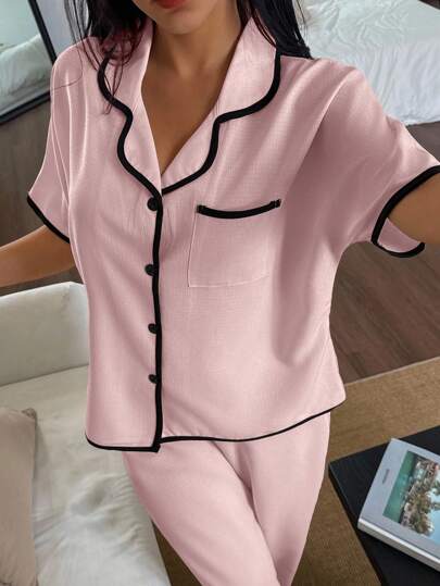 Contrast Lapel Loose Short Sleeve Pajama Set Roze Pyjama Cozy Elegante view 6