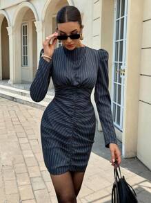 Siren Gaze New Autumn Exquisite Commuter Dress For Women, Navy Blue Stripes Old Money Style Commuter Wear, Office Siren Style, Exquisite And Elegant Dress,High Waist Mini Dress, Modern Fashion Office Dress, Pinstripe Dress Long Sleeve Dress Fitted Dress,Business Casual Woman,Teacher Clothes ,Fall Clothes,Fall Dresses For Women Winter Party