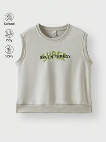 JNSQ 返校户外休闲运动连帽衫和背心，儿童圆领套头衫趣味字母印花户外休闲运动运动衫 - 卡其色 - 查看 7