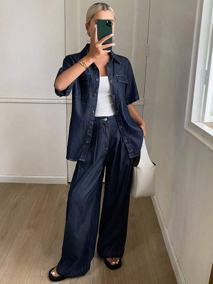 Women's Summer Loose Turndown Collar Short Sleeve Denim Shirt And Casual Long Pants 2 Pieces Set, Unisex Urban Casual Denim Outfit