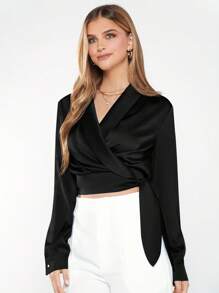 BizChic 女士休闲V领长袖短款衬衫，下摆打结设计，简约优雅商务休闲风格，适合都市通勤、办公室穿着、教师等场合。 - 黑色 - 查看 5