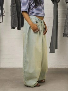 COUREZ 低腰灯笼裤牛仔裤，浅蓝色水洗街头休闲 Y2K 休闲音乐节棉质牛仔布