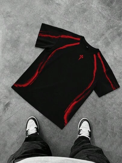 PAVTROS Manfinity Streetrush 男士撞色印花圆领短袖T恤 Y2K黑色，万圣节派对，街头服饰