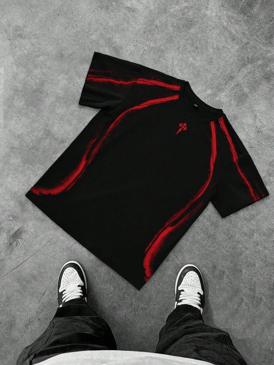 PAVTROS Áo thun nam cổ tròn tay ngắn in họa tiết màu tương phản Manfinity Streetrush Y2k màu đen, tiệc Halloween, thời trang đường phố - màu đen - Xem 1