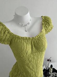 Elamini Camiseta ajustada de mujer con cuello cuadrado, mangas abullonadas y textura de jacquard, para primavera/verano - Verde - Ver 4