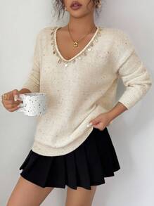 Rafferiza Suéter suelto y vintage con cuello en V y lentejuelas, estilo europeo y americano para otoño e invierno, elegante, de moda, casual, para ir a la oficina, diario, de ocio, todo a juego, urbano, atuendo profesional de maestro - Beis - View 4