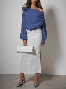 COSMINA Áo cánh ren trang trí hoa 3D trơn màu thanh lịch cho nữ, áo trễ vai, quần áo nữ mùa thu - Màu xanh lam - Xem 5